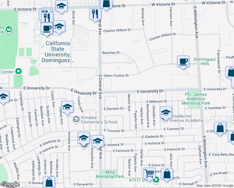 map of restaurants, bars, coffee shops, grocery stores, and more near 1351 East Bankers Drive in Carson