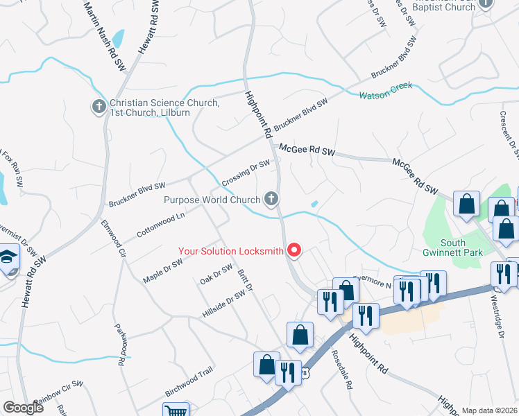 map of restaurants, bars, coffee shops, grocery stores, and more near 1895 Crossing Court Southwest in Snellville