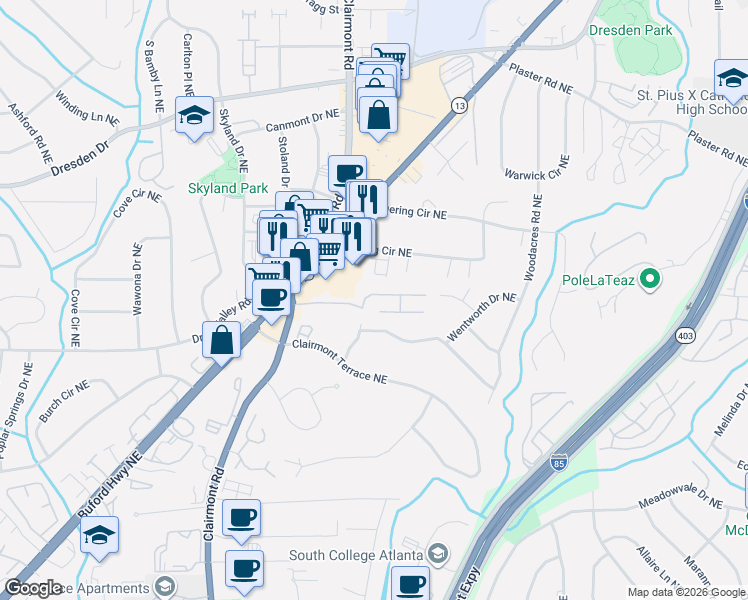 map of restaurants, bars, coffee shops, grocery stores, and more near 1958 Variations Drive Northeast in Atlanta