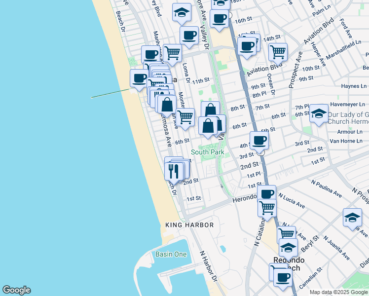 map of restaurants, bars, coffee shops, grocery stores, and more near 520 Manhattan Avenue in Hermosa Beach