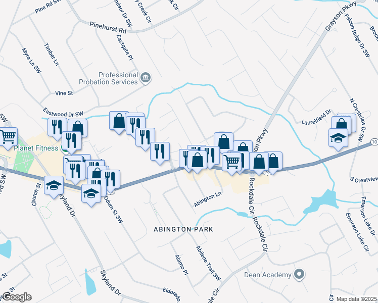 map of restaurants, bars, coffee shops, grocery stores, and more near 2010 Hickory Station Circle in Snellville