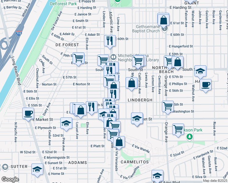 map of restaurants, bars, coffee shops, grocery stores, and more near 5574 Atlantic Avenue in Long Beach