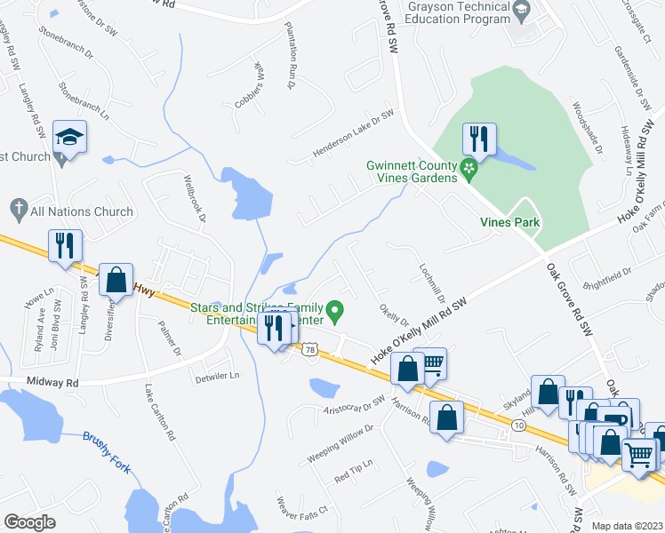 map of restaurants, bars, coffee shops, grocery stores, and more near 544 Cherry Creek Drive in Loganville
