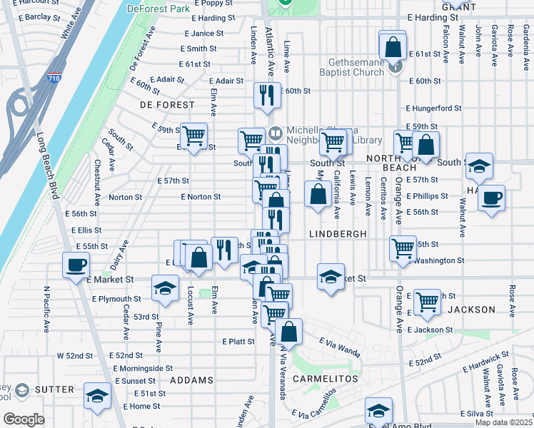 map of restaurants, bars, coffee shops, grocery stores, and more near 56 East 56th Street in Long Beach