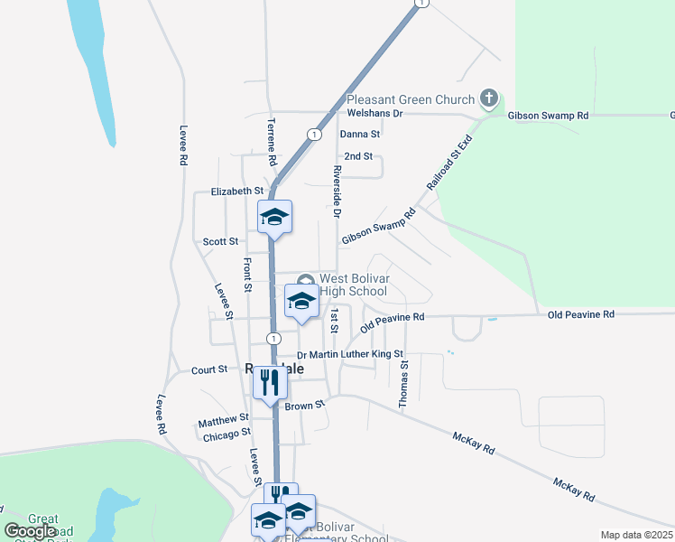 map of restaurants, bars, coffee shops, grocery stores, and more near 309 Railroad Street in Rosedale