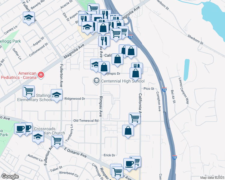map of restaurants, bars, coffee shops, grocery stores, and more near 1172 Chestnut Lane in Corona
