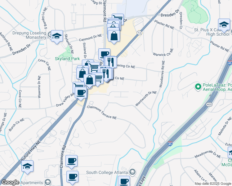 map of restaurants, bars, coffee shops, grocery stores, and more near 1980 Variations Drive Northeast in Atlanta