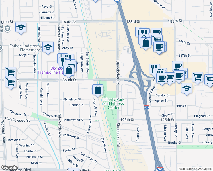 map of restaurants, bars, coffee shops, grocery stores, and more near 19023 Studebaker Road in Cerritos