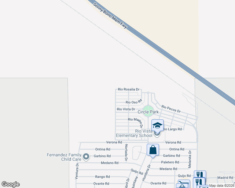 map of restaurants, bars, coffee shops, grocery stores, and more near 67364 Rio Plata Road in Cathedral City