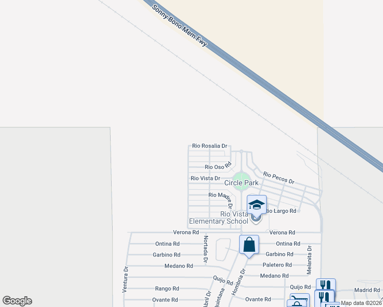 map of restaurants, bars, coffee shops, grocery stores, and more near Rio Guadalupe Road in Cathedral City