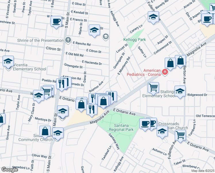 map of restaurants, bars, coffee shops, grocery stores, and more near 2102 Beatrice Drive in Corona
