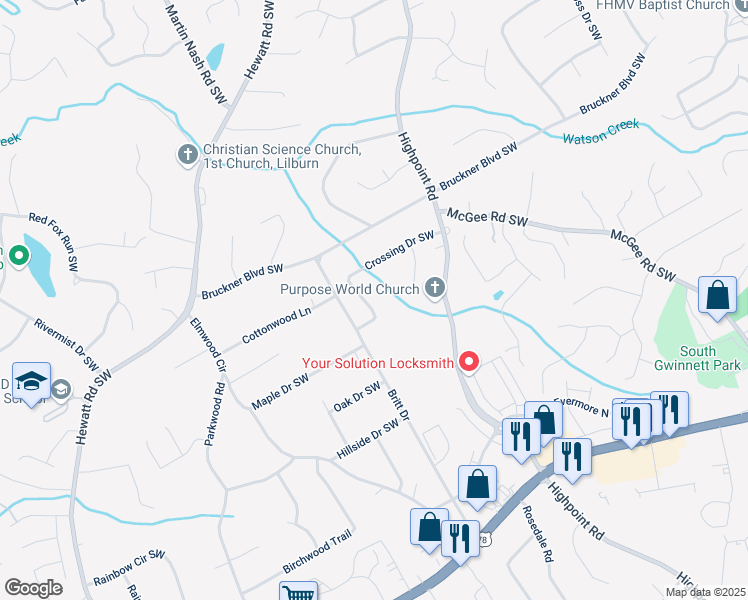 map of restaurants, bars, coffee shops, grocery stores, and more near 3312 Crossing Drive Southwest in Snellville