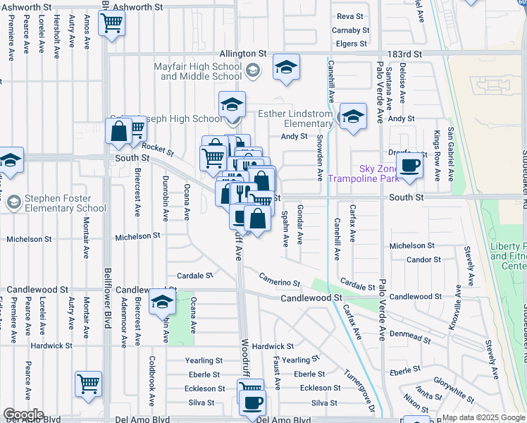 map of restaurants, bars, coffee shops, grocery stores, and more near 5532 South Street in Lakewood