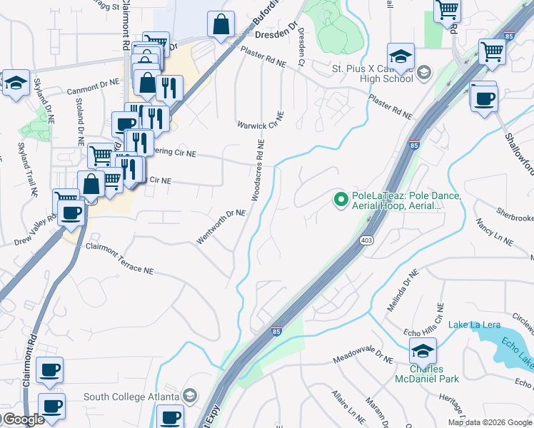 map of restaurants, bars, coffee shops, grocery stores, and more near 2473 Woodacres Road Northeast in Atlanta