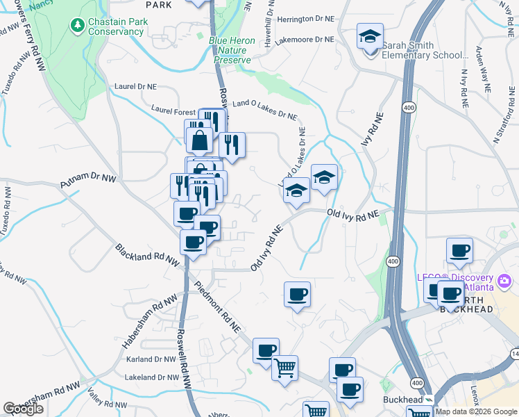 map of restaurants, bars, coffee shops, grocery stores, and more near 4 Ivy Parkway Northeast in Atlanta