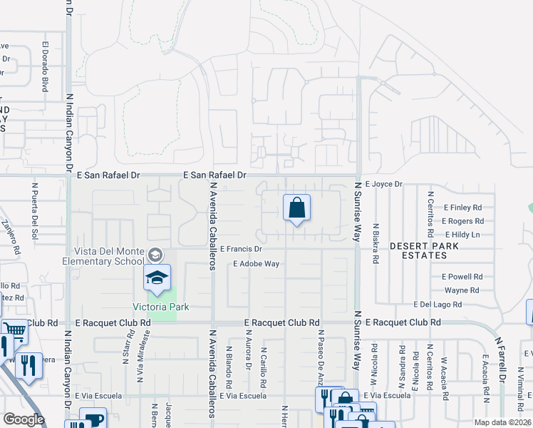 map of restaurants, bars, coffee shops, grocery stores, and more near 3070 Sunflower Circle West in Palm Springs
