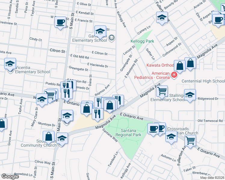 map of restaurants, bars, coffee shops, grocery stores, and more near 466 Raymor Avenue in Corona