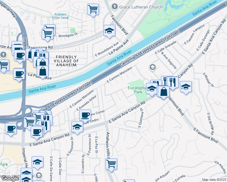 map of restaurants, bars, coffee shops, grocery stores, and more near 265 North Paseo Campo in Anaheim