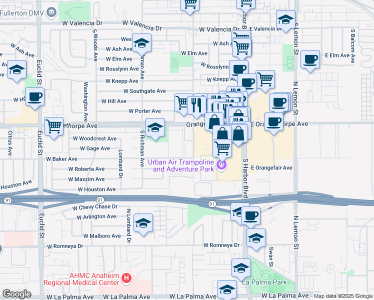 map of restaurants, bars, coffee shops, grocery stores, and more near 1353 South Highland Avenue in Fullerton