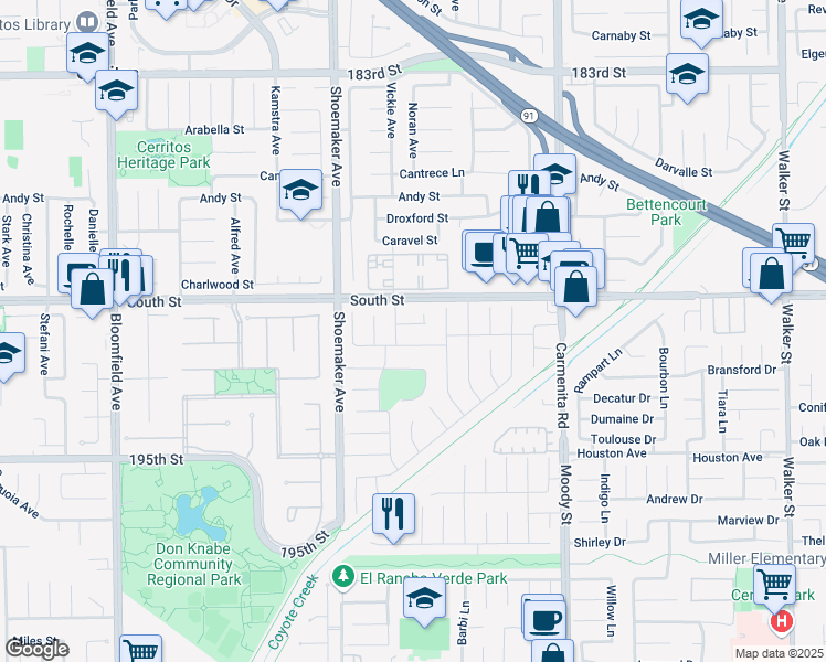 map of restaurants, bars, coffee shops, grocery stores, and more near 13116 Dussen Lane in Cerritos