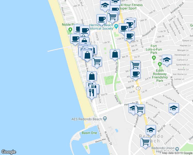 map of restaurants, bars, coffee shops, grocery stores, and more near 601 Manhattan Avenue in Hermosa Beach