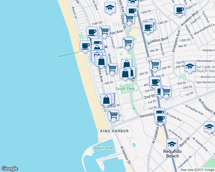 map of restaurants, bars, coffee shops, grocery stores, and more near 601 Manhattan Avenue in Hermosa Beach