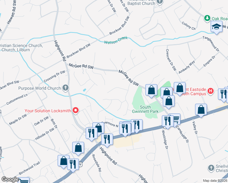 map of restaurants, bars, coffee shops, grocery stores, and more near 1907 Oakwood Grove Drive in Snellville