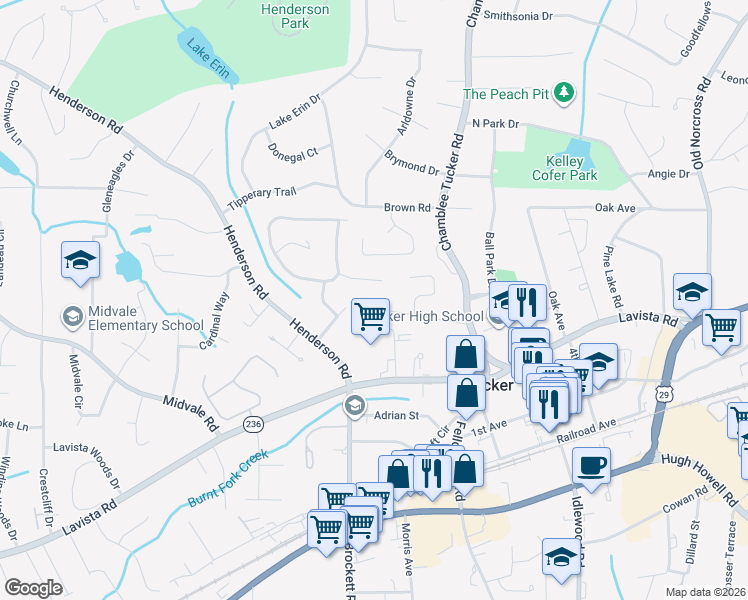 map of restaurants, bars, coffee shops, grocery stores, and more near 4083 Northlake Creek Cove in Tucker