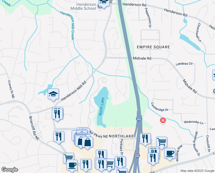 map of restaurants, bars, coffee shops, grocery stores, and more near 2505 Northlake Court Northeast in Atlanta