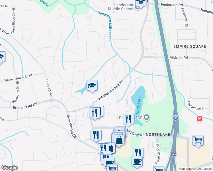 map of restaurants, bars, coffee shops, grocery stores, and more near 3226 Leslie Lane Northeast in Atlanta