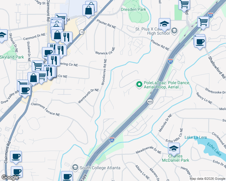 map of restaurants, bars, coffee shops, grocery stores, and more near 2193-2199 Capehart Circle Northeast in Atlanta