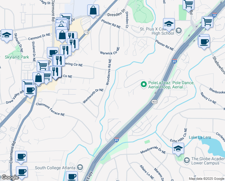 map of restaurants, bars, coffee shops, grocery stores, and more near 2473 Woodacres Road Northeast in Atlanta