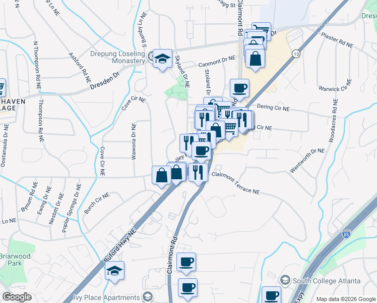 map of restaurants, bars, coffee shops, grocery stores, and more near 2770 Drew Valley Road Northeast in Atlanta