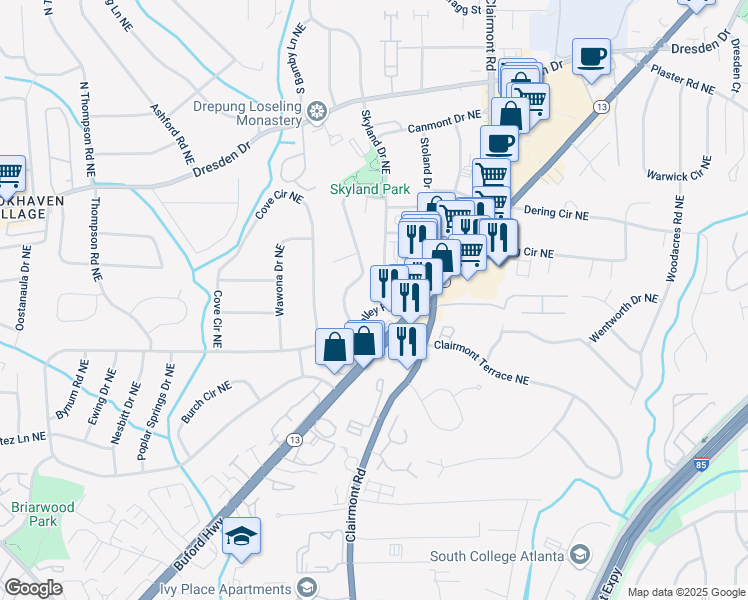 map of restaurants, bars, coffee shops, grocery stores, and more near 2754 Drew Valley Road Northeast in Atlanta