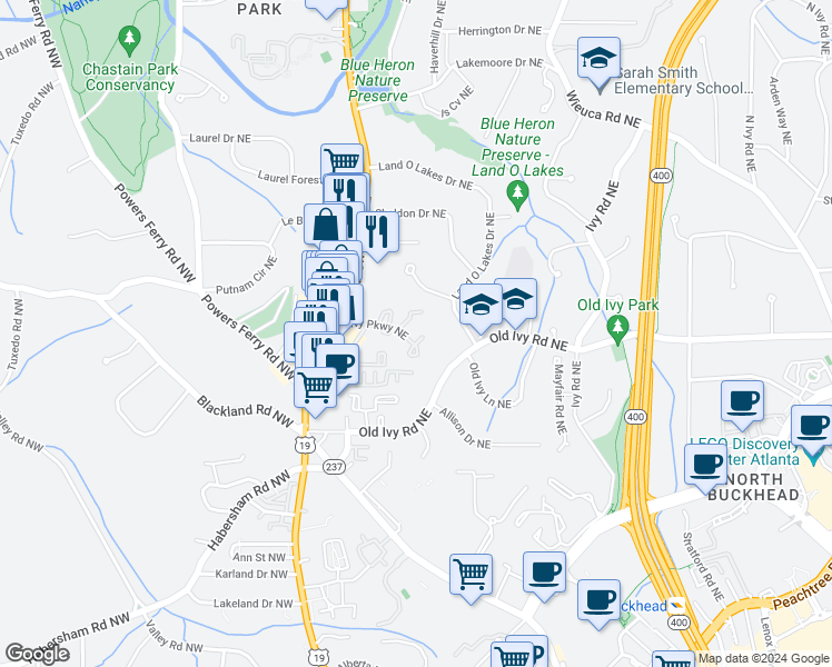 map of restaurants, bars, coffee shops, grocery stores, and more near 46 Ivy Ridge Northeast in Atlanta