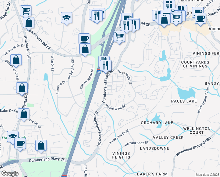map of restaurants, bars, coffee shops, grocery stores, and more near in Vinings