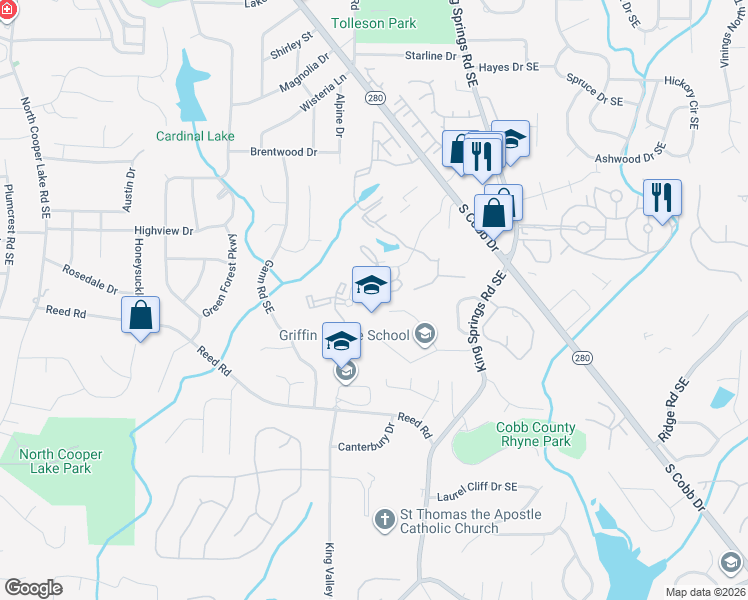 map of restaurants, bars, coffee shops, grocery stores, and more near 203 Bridge Lane in Smyrna