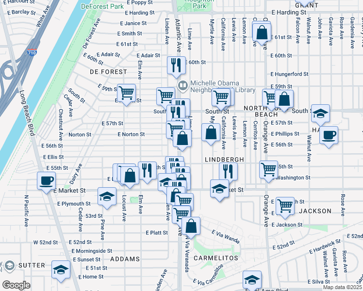 map of restaurants, bars, coffee shops, grocery stores, and more near 56 East 56th Street in Long Beach