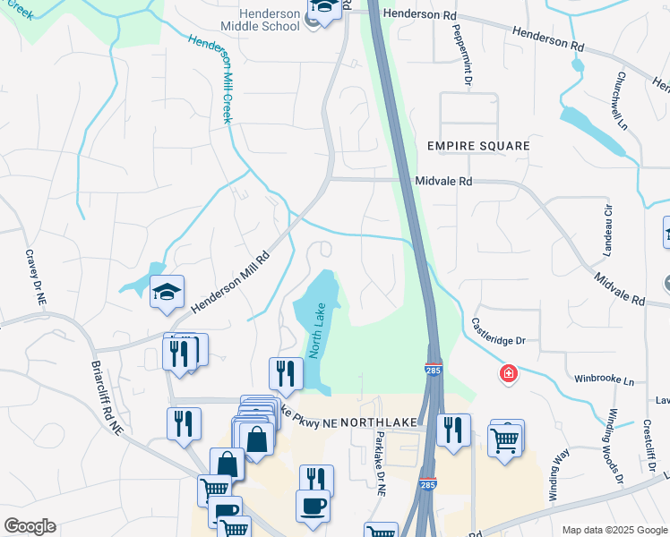 map of restaurants, bars, coffee shops, grocery stores, and more near 2505 Northlake Court Northeast in Atlanta