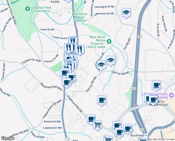 map of restaurants, bars, coffee shops, grocery stores, and more near 50 Ivy Ridge Northeast in Atlanta