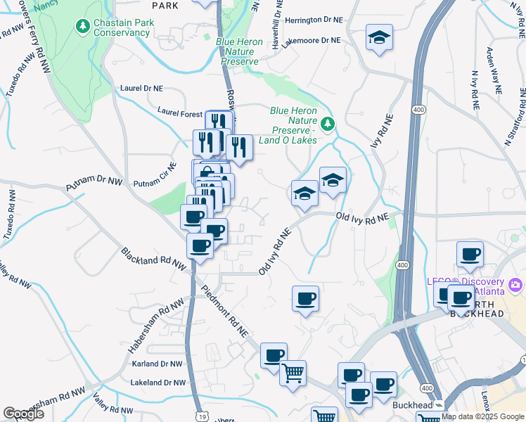 map of restaurants, bars, coffee shops, grocery stores, and more near 50 Ivy Ridge Northeast in Atlanta