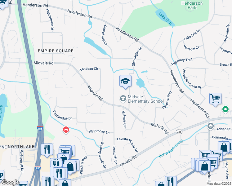 map of restaurants, bars, coffee shops, grocery stores, and more near 2449 Midvale Court in Tucker