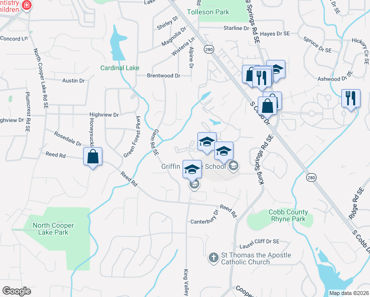 map of restaurants, bars, coffee shops, grocery stores, and more near 1525 Walton Lane in Smyrna