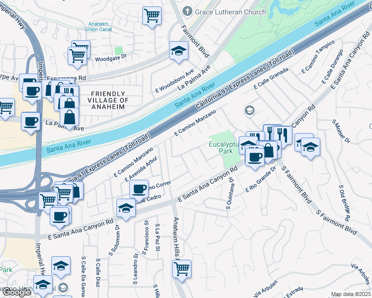 map of restaurants, bars, coffee shops, grocery stores, and more near 265 North Paseo Campo in Anaheim