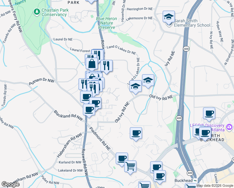 map of restaurants, bars, coffee shops, grocery stores, and more near 50 Ivy Ridge Northeast in Atlanta
