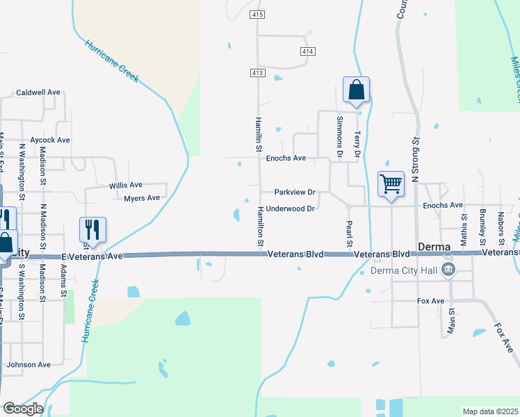map of restaurants, bars, coffee shops, grocery stores, and more near Hamilton Street in Calhoun City
