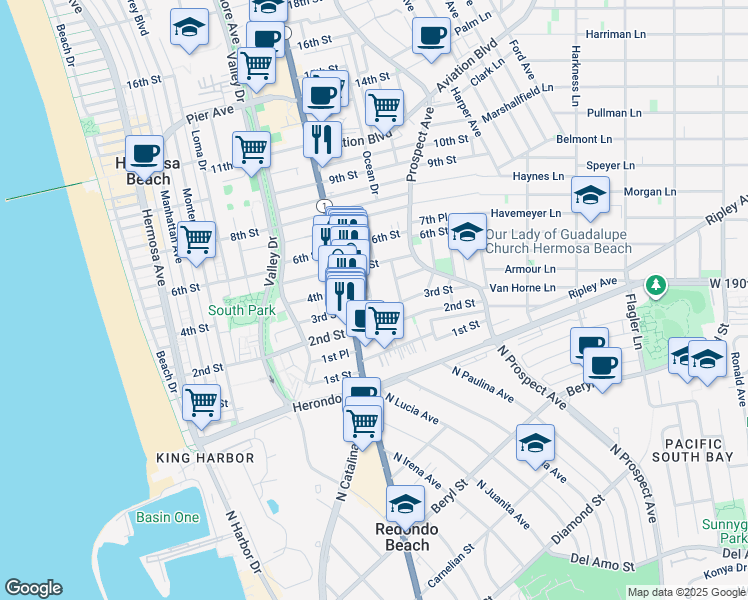 map of restaurants, bars, coffee shops, grocery stores, and more near 326 Ocean View Avenue in Hermosa Beach