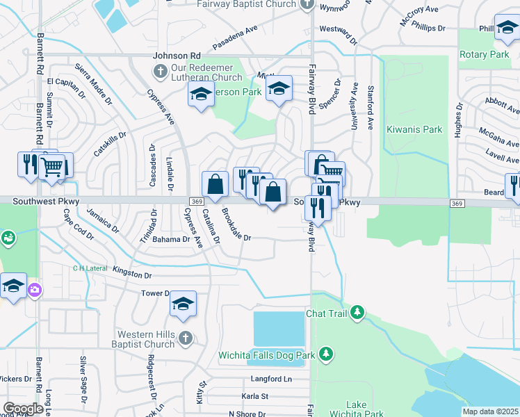 map of restaurants, bars, coffee shops, grocery stores, and more near 4711 Southwest Parkway in Wichita Falls