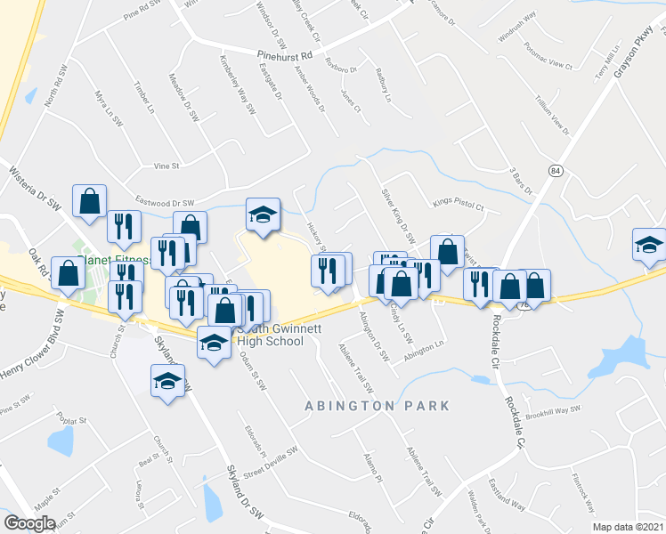 map of restaurants, bars, coffee shops, grocery stores, and more near 2360 Hickory Station Cir in Snellville