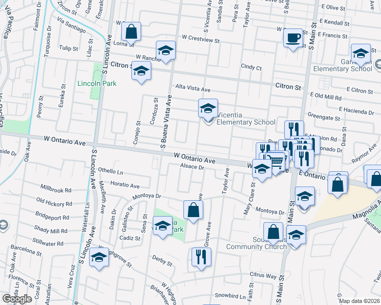 map of restaurants, bars, coffee shops, grocery stores, and more near 817 West Ontario Avenue in Corona